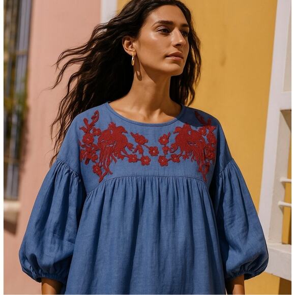 Anthropologie Hemant & Nandita Embroidered Balloon Sleeve Babydoll Blouse Top - Picture 1 of 8